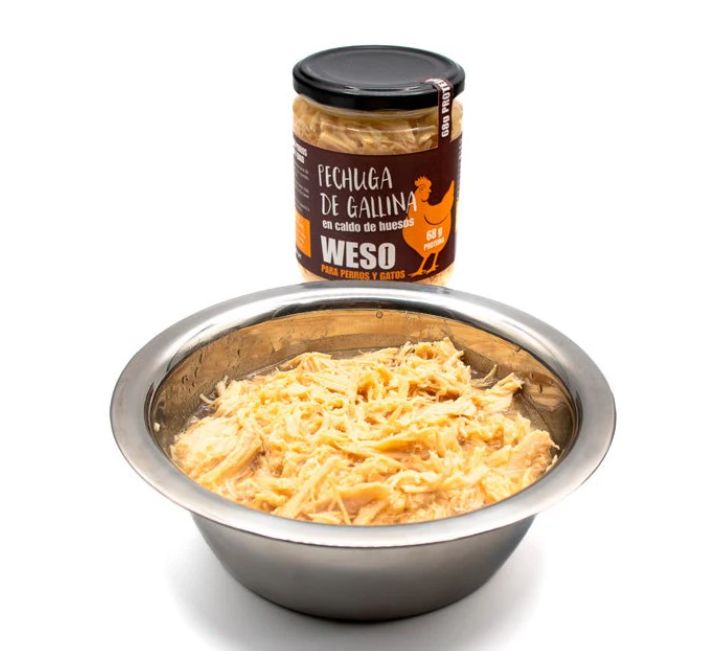 Weso caldo natural de pechuga y huesos de Gallina para perros y gatos